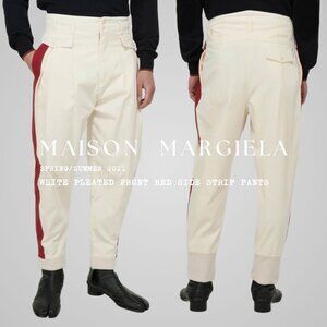 MAISON MARGIELA White Cotton Red Side Strip High Waist Pants Sz IT 46 SS21